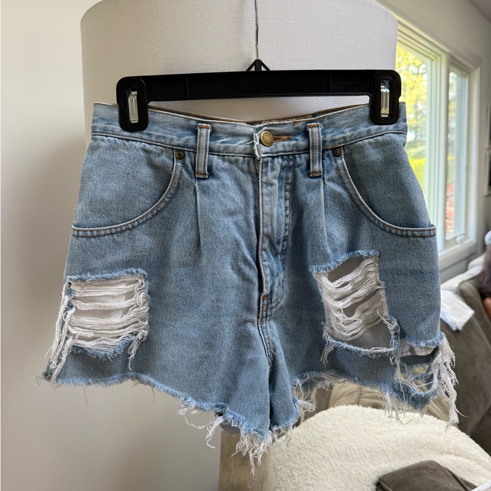 Distressed High-Waist Denim Shorts - Light Blue